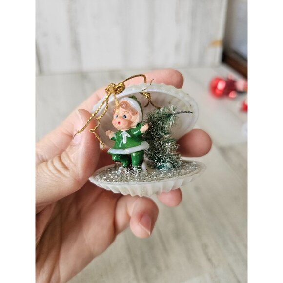 Antique elf clam shell ornament diorama pixie tree sparkle Xmas vintage tree - Picture 8 of 10
